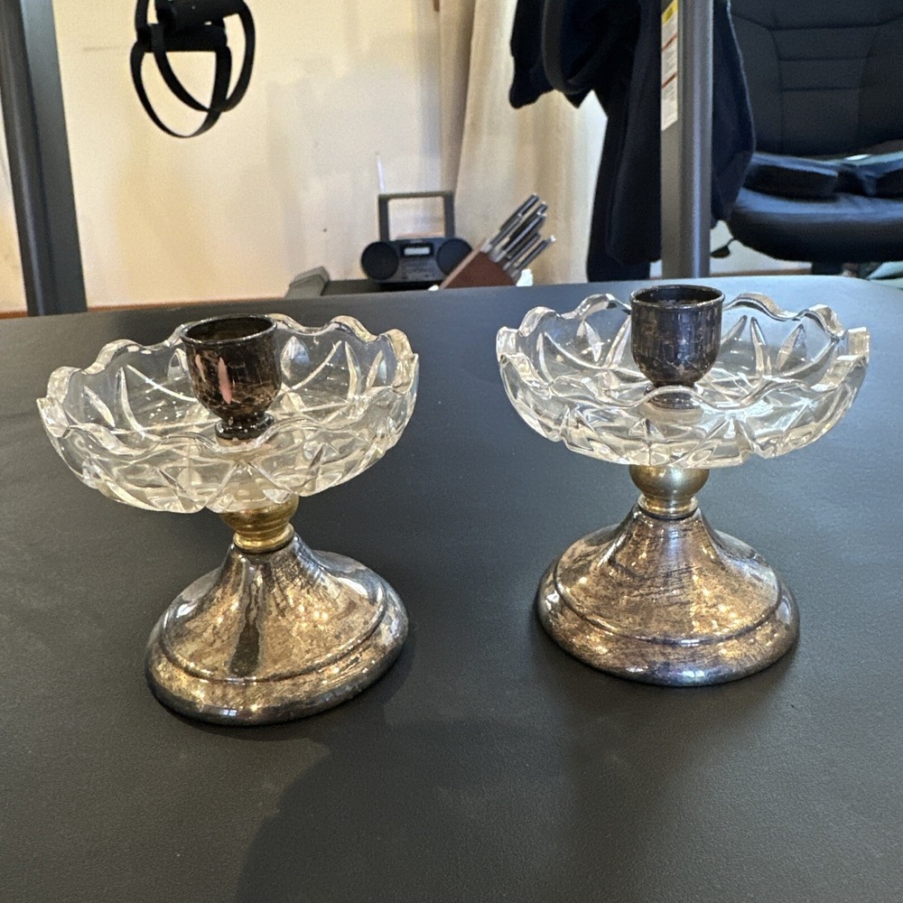 Pair of vintage silver tone & cut glass taper candle holders